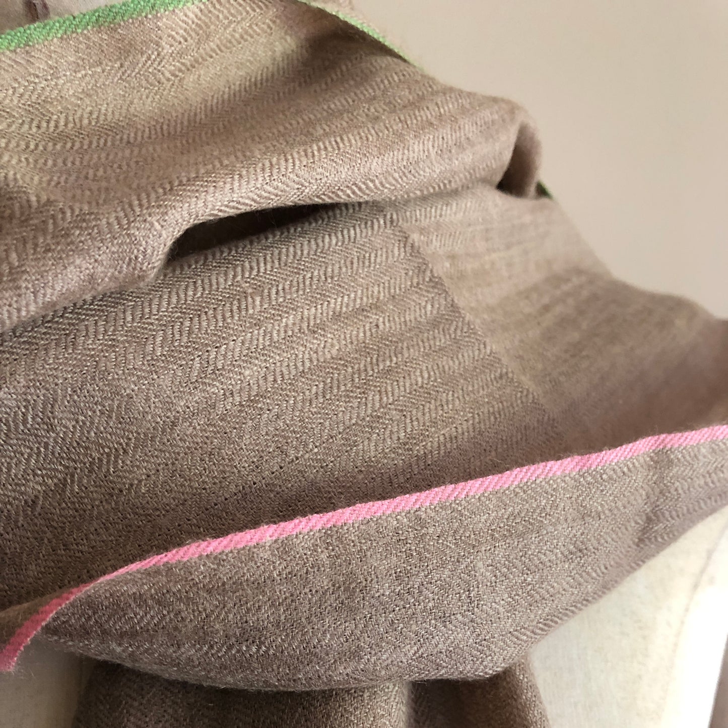 Fine Knit Cashmere Scarf With Pink And Soft Green Edging