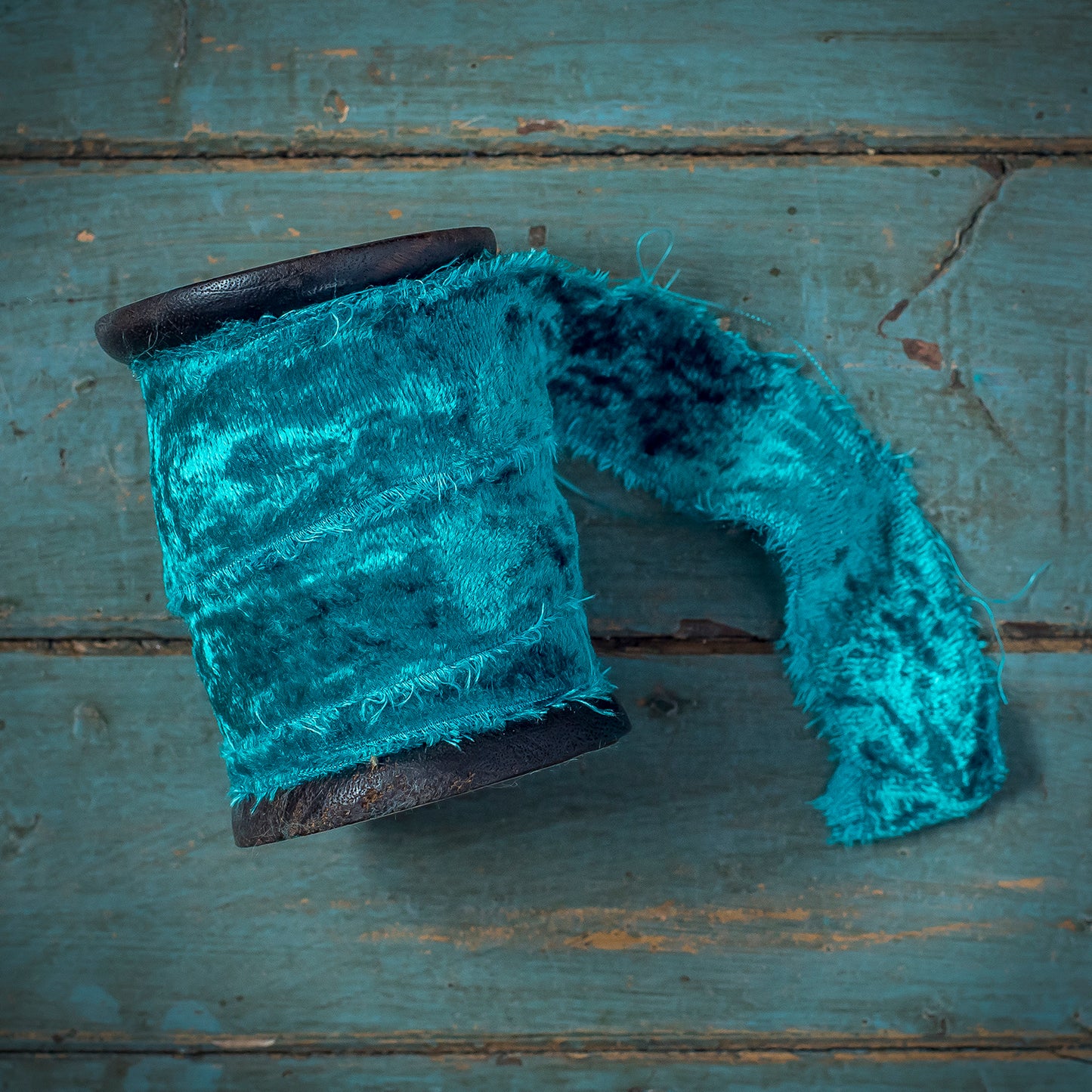 Teal Frayed Velvet Ribbon
