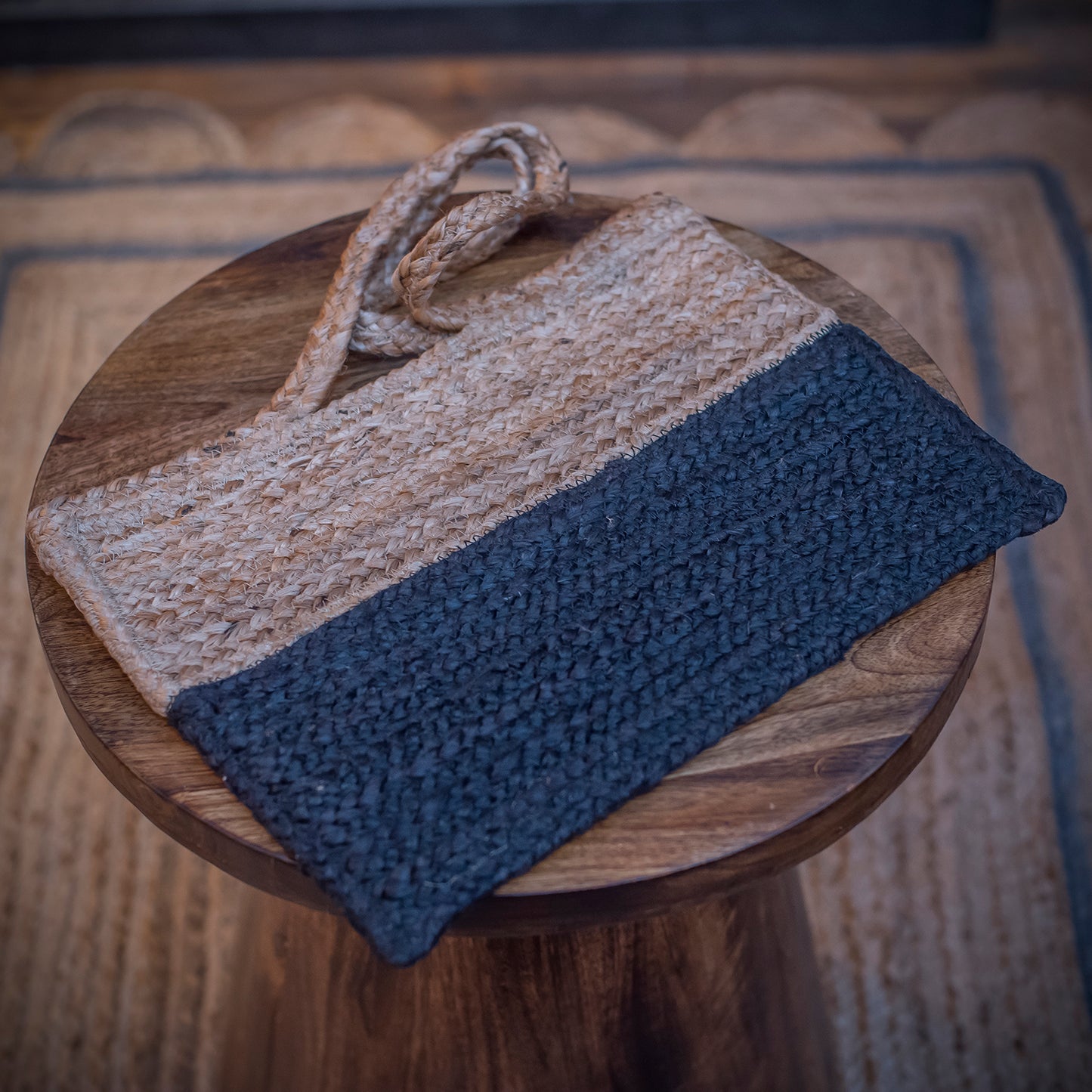 Natural And Black Jute Rectangle Bag