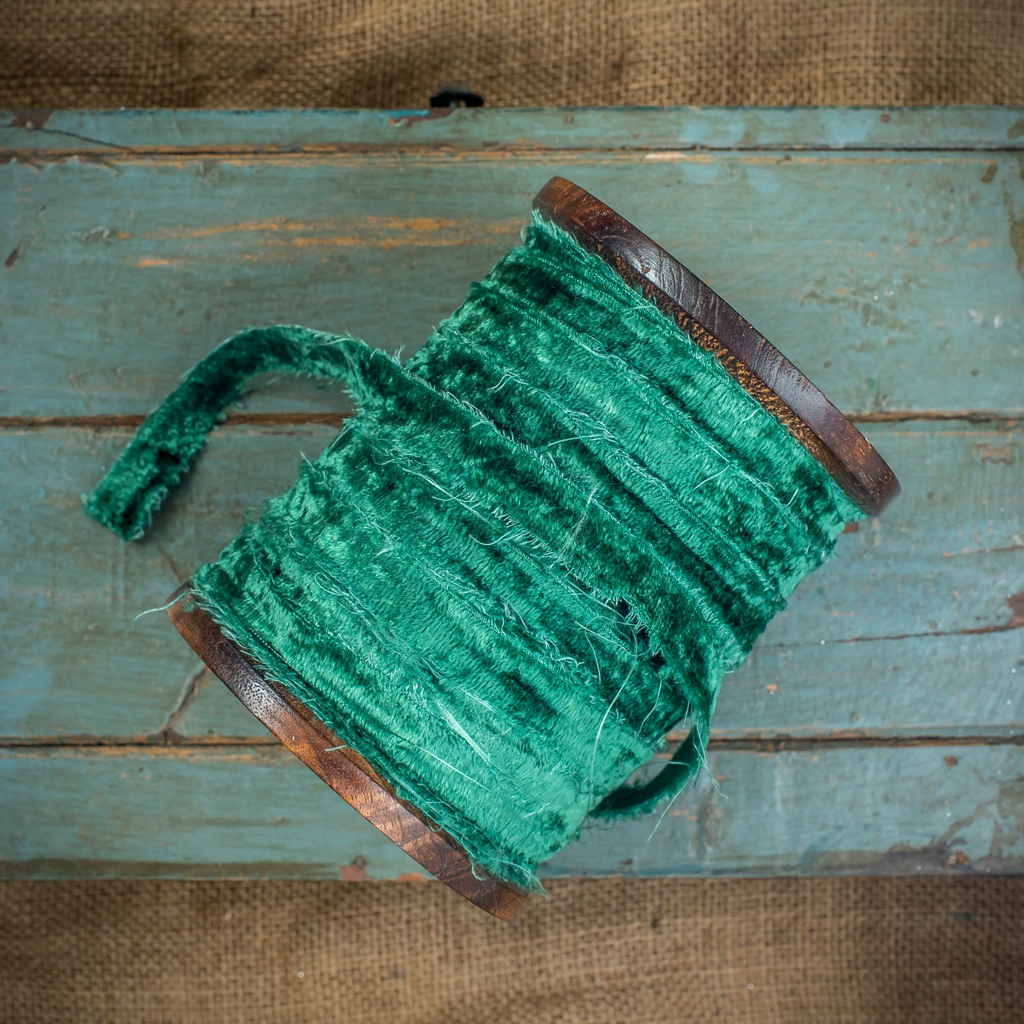 Very Large Spool Of Frayed Green Velvet Ribbon