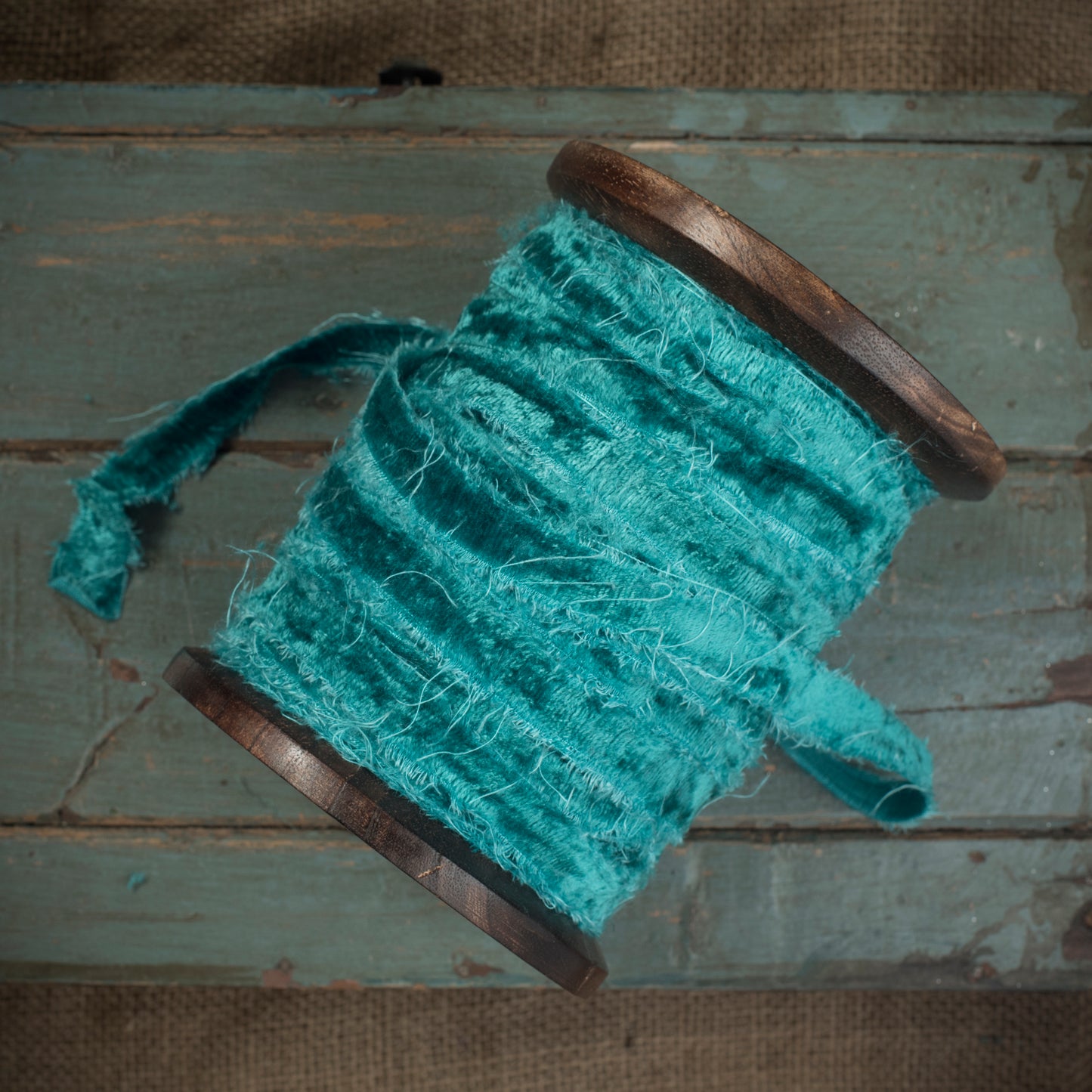 Very Large Spool of Frayed Teal Velvet Ribbon