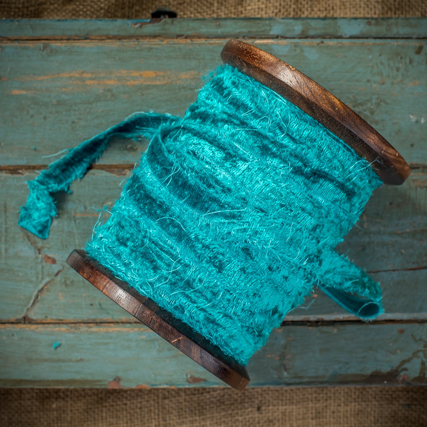 Very Large Spool of Frayed Teal Velvet Ribbon