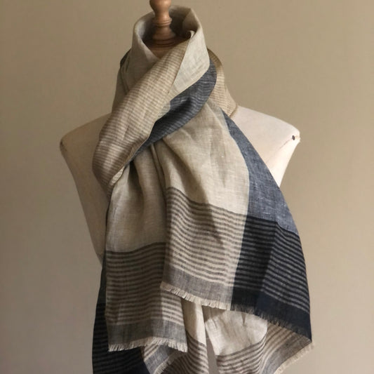 Black And Taupe Lines Linen Scarf