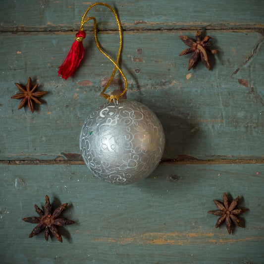 Papier Mache Baubles with Silver Designs