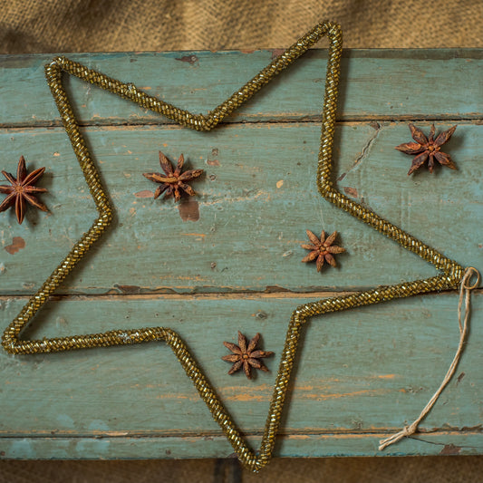 Medium Antique Gold Glass Beaded Star Decoration
